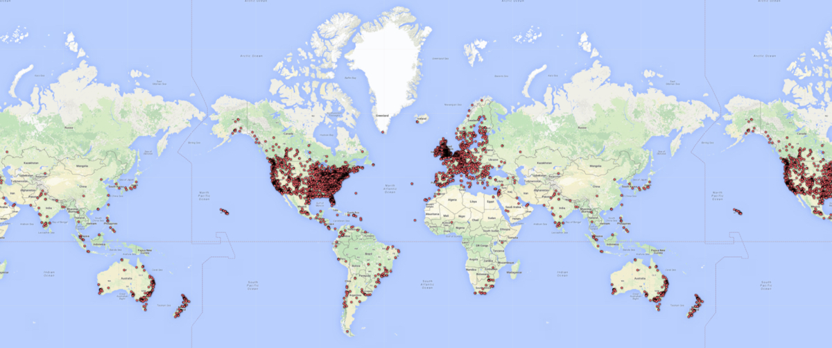 Mapa mostrando os locais no mundo onde o zumbido é frequentemente ouvido. 